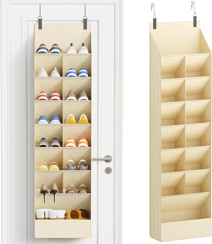 Lifewit 8 Tier Over the Door Shoe Organizer with 15 Large Deep Pockets, Fabric Hanging Shoes Shelf for Closet, Dorm Storage, Fit Up to 16 Pair Shoe Rack Holder for Sneakers, Boots, Beige