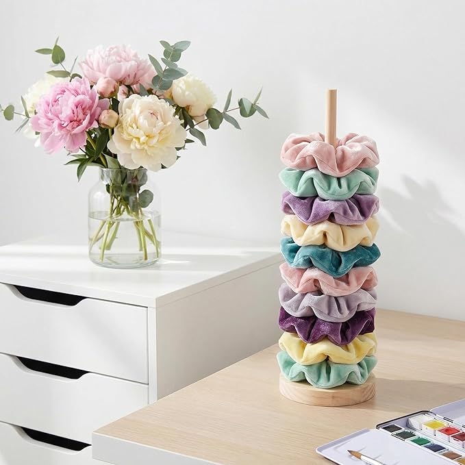 2PCS Scrunchies Holder Stand, Vertical Hair Accessories Organizers for Women Girls, Hair Ties Organizer Hairbands Tower, Wood Scrunchies Storage Display Rack for Bathroom Bedroom