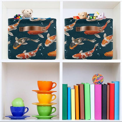 Foldable Storage Baskets Set of 2, Koi Carps 3D Japanese Storage Bins with Handles, Decorative Cloth Organizer Storage Boxes for Home|Office 15 x 11 x 9.5 in