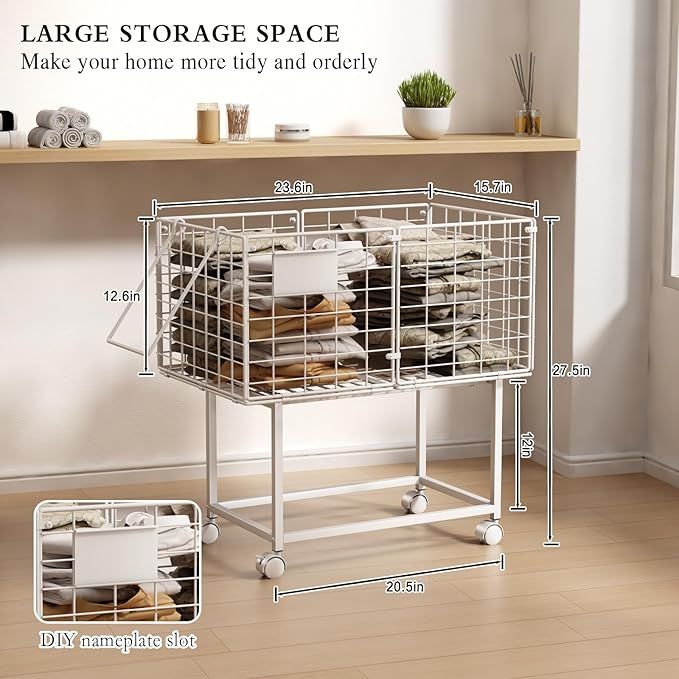 CICUFY Rolling Laundry Cart, 80L Wire Laundry Hamper Basket on Wheels, Dirty Clothes Basket with Handle, Metal Clothes Hamper Organizer for Laundry Room, Bathroom, Bedroom, Dorm, White