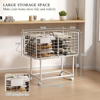 CICUFY Rolling Laundry Cart, 80L Wire Laundry Hamper Basket on Wheels, Dirty Clothes Basket with Handle, Metal Clothes Hamper Organizer for Laundry Room, Bathroom, Bedroom, Dorm, White