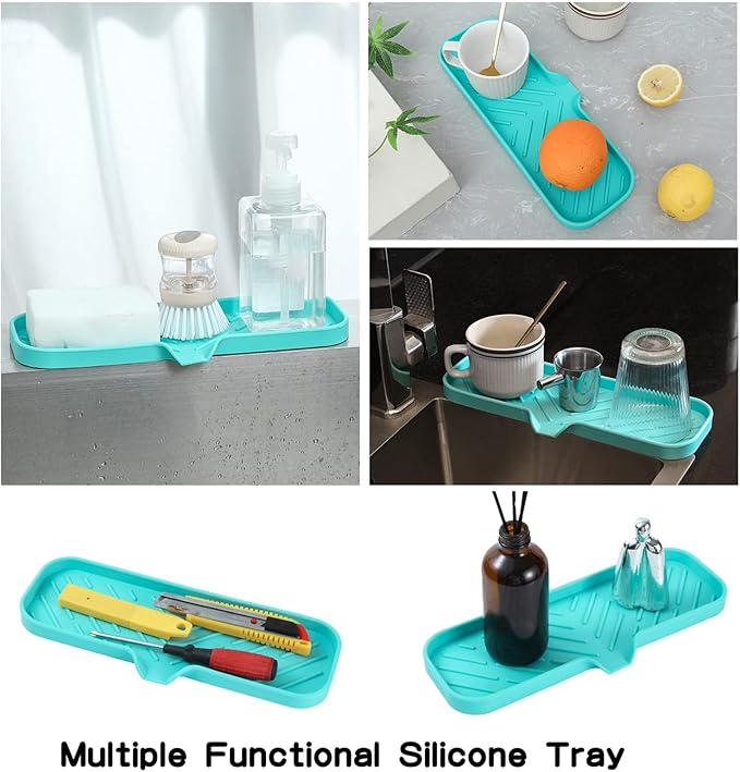 MicoYang Silicone Bathroom Soap Dishes with Drain Spout-Bathroom and Kitchen Sink Organizer,Sponge Holder,Dish Soap Tray,Perfect for Dispenser,Scrubber,Bottle,Cup on Sink or Counter-Mint 12"×4"