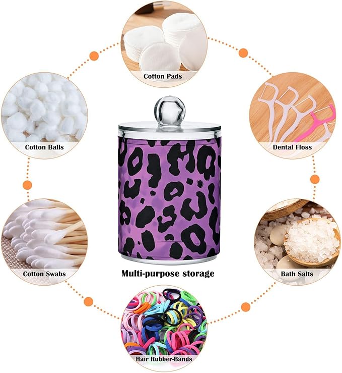 ALAZA 2 Pack Qtip Holder Dispenser for Cotton Ball Leopard Purple Print Pattern Cotton Swab Round Pads Clear Plastic Acrylic Jar Set Bathroom Canister