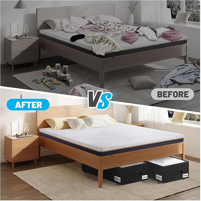 Under Bed Storage with Wheels, 2-Pack 10" Height XXL 75L Rolling Storage Bins, Quick Assembly Underbed Shoe Storage Containers with Clear Lid & Label, Dorm Under Bed Drawers for Clothes, Shoes, Black
