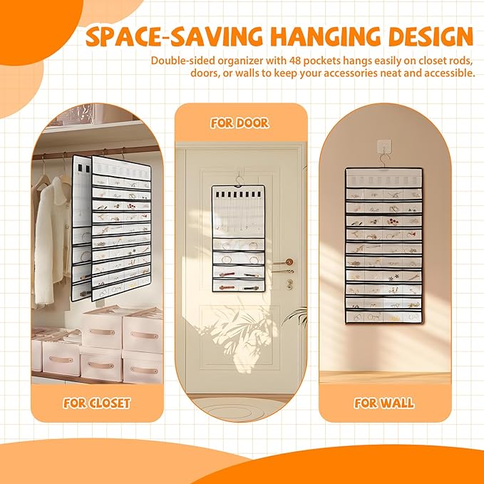 48 Pockets Hanging Jewelry Organizer with Necklace Straps, Double-Sided White Closet Jewelry Holder for Space-Saving Storage of Earrings, Bracelets & Necklaces
