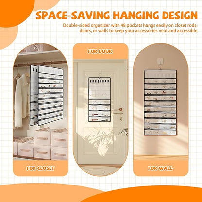 48 Pockets Hanging Jewelry Organizer with Necklace Straps, Double-Sided White Closet Jewelry Holder for Space-Saving Storage of Earrings, Bracelets & Necklaces
