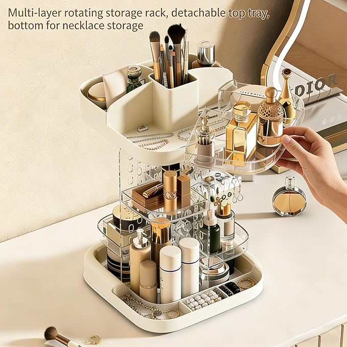 360 Spinning Rotating Makeup Organizer for Vanity with Adjustable Trays Lipstick Earring Storage Makeup Desk Storage Carousel Rack, Cosmetic Display Cases for Dresser Bathroom Holder (Cream)