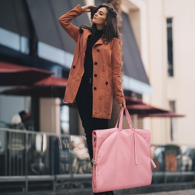 Garment Bags for Travel,60" Heavy Duty Suit Dress Garment Bag with 2 Clear Windows 3 Zipper Pockets,Dress Bags with Shoe Storage for Long Coat, Jacket, Sweater, Shirts, Suits - Pink