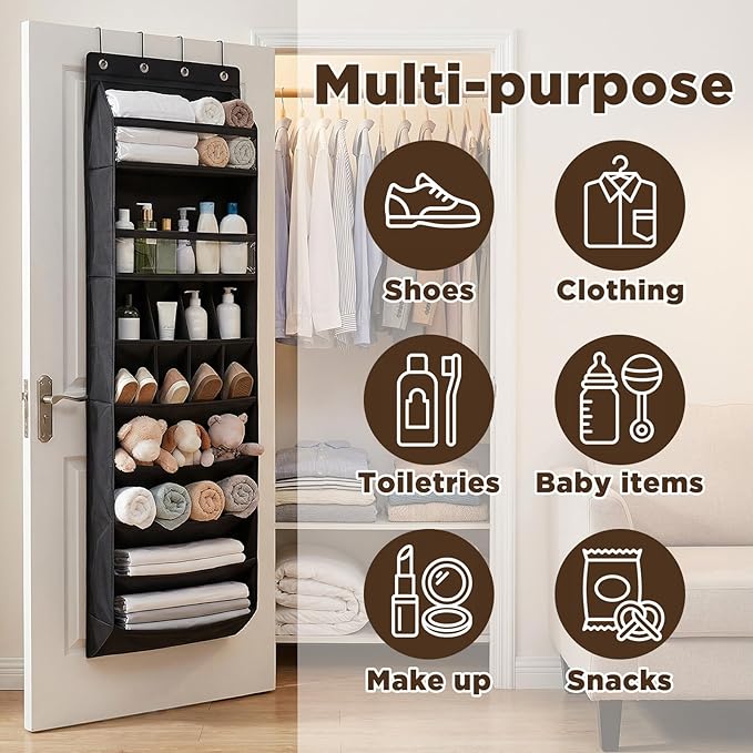 8 tiers Door Back Organizer, Multifunction Over the Door Hanging Shoe Rack with Oxford Fabric Deep Pockets, 66.9 x 16.5 x 5.9 Inches Storage Organizer (Black)
