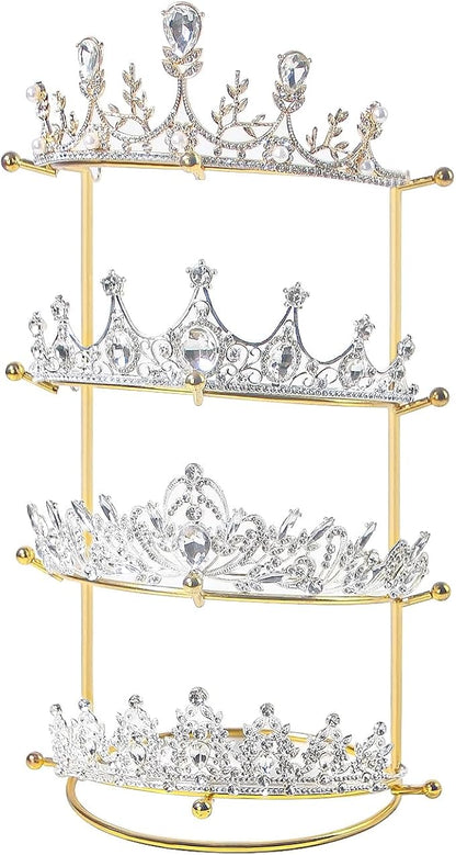 Byken 4 Tier Crown Holder,Tiara Organizer,.Golden Bridal Headdress Display Stand for Selling,Headband Ear Crown Storage Tower,Jewelry Holder for Girls Wedding Home Shop Store (Gold)