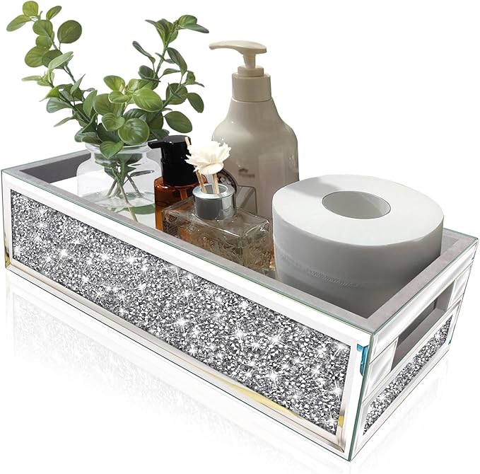 Wocred Bathroom Basket Toilet Tank,Crushed Diamond Mirrored Bathroom Tray Wall-Mounted,Silver Storage Organizer fits Dresser Bedroom,Bathroom,Coffee Table.(15”x7”x3.8”)