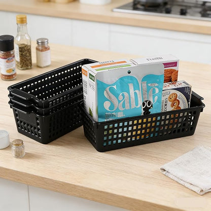 4 Pcs Slim Plastic Storage Baskets Tray for Organizing, 12.4 x 5.1 x 3.5 Inch Small Storage Bins, Stackable Drawer Containers Trays Holder for Desk Garage Office (Black)