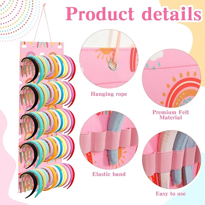 Tudomro Hanging Headband Holder for Girls Felt Hair Accessories Organizer with 60 Elastic Bands Bow Hanger for Girls Hair Bows Without Headbands(Pink,Rainbow)