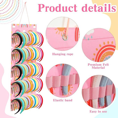 Tudomro Hanging Headband Holder for Girls Felt Hair Accessories Organizer with 60 Elastic Bands Bow Hanger for Girls Hair Bows Without Headbands(Pink,Rainbow)