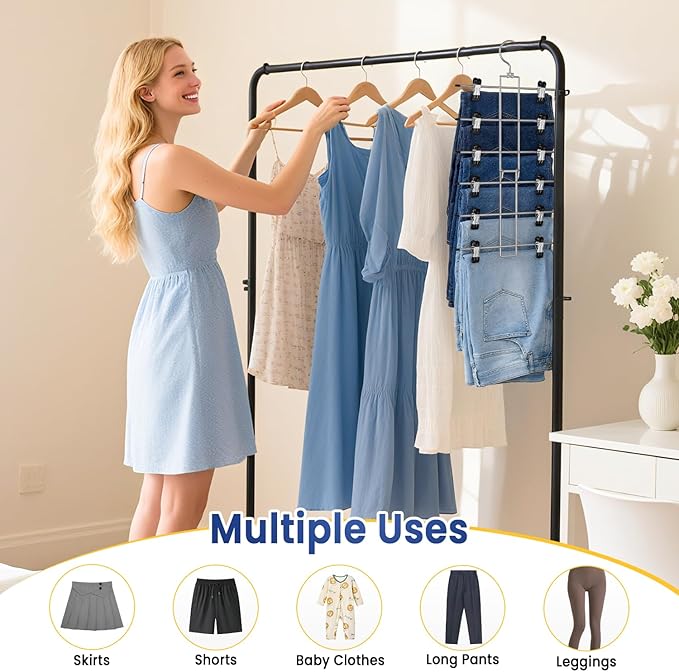 DAMITA Skirt Pants Hangers with Clips Space Saving Hanging Closet Organizer 6 Tiers Hanger with 360° Swivel Hook, Finger-Safe Design- College Dorm Room Apartment Essentials 3-Pack