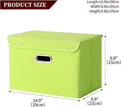 STOREONE Fabric Storage Cube Bins Foldable Organizer Container Collapsible Basket with Lids and Metal Handles, for Home, Bedroom, Closet 3 Pcs (multicolour-green)