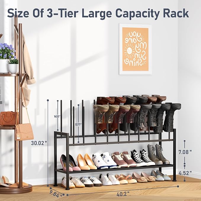 DIMJ Boot Rack 3-Tier - Black Metal Boot Storage Rack for Tall Boots Organizer Tall Boots, Shoe Rack for Boots, Sneakers, High-Heel, Entryway, Fit for 10 Pairs, Black