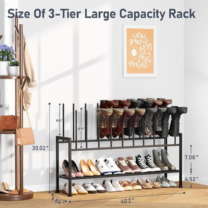 DIMJ Boot Rack 3-Tier - Black Metal Boot Storage Rack for Tall Boots Organizer, Multiuse Shoe Rack for Boots, Sneakers, High-Heel, Entryway, Fit for 10 Pairs, Black