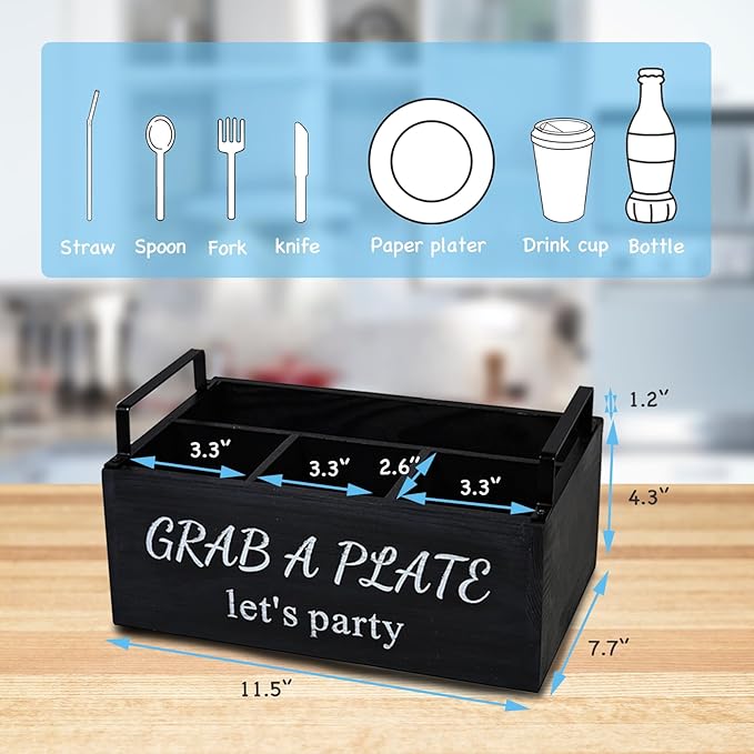 Paper Plate Holder, Utensil Caddy Organizer, Wood Paper Plate Dispenser, Silverware Caddy Holder, and Disposable Coffee Bar Accessories Box for Kitchen Counter, Party, Camping, Picnic (4 compartment)