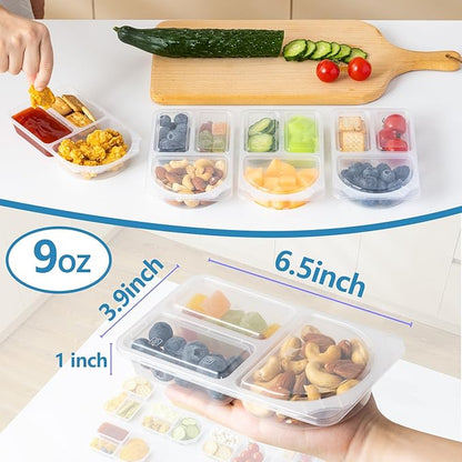TAIHUIMY 9oz Reusable Snack Containers with Lids for Kid, New 3 Compartment Large Capacity Condiment Portion Control Meal Prep Containers for School lunch, Go out Travel, Party (10, 9, ounces)