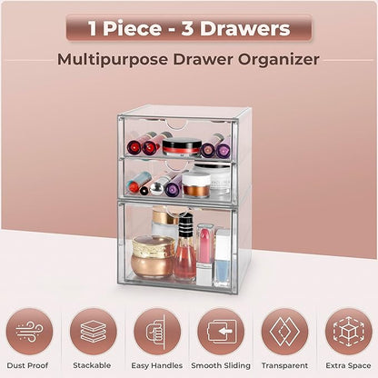 Sorbus Makeup Organizer With 3 Drawers, Acrylic Drawer Organizer for Makeup, Office Organization and Storage, Art Supplies, Jewelry, Stationary - 2 Pcs Clear Stackable Storage Bins Organizer Drawers