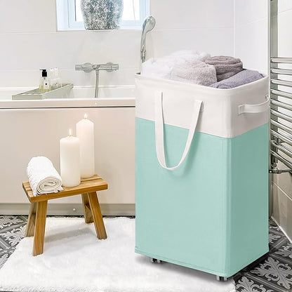 Goodpick Laundry Basket with Wheels, 75L Laundry Hamper with Wheels, Large Laundry Basket with Removable Wash Bag, Clothes Hamper for Laundry, Blue&White