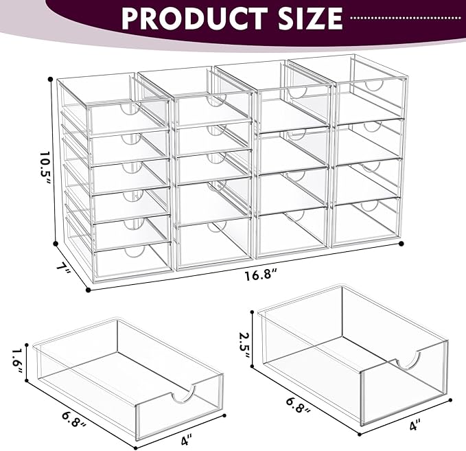 YFXCVSL Acrylic Makeup Organizer with 19 Drawers, 4 Pack Clear Storage Drawers, Bathroom Makeup Organizer for Palettes, Cosmetic, and Beauty Supplies,Ideal for Vanity, Cabinet,Desk Organization