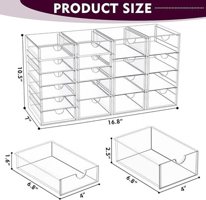 YFXCVSL Acrylic Makeup Organizer with 19 Drawers, 4 Pack Clear Storage Drawers, Bathroom Makeup Organizer for Palettes, Cosmetic, and Beauty Supplies,Ideal for Vanity, Cabinet,Desk Organization