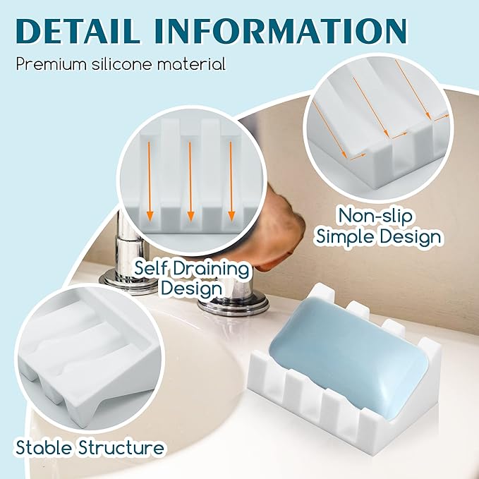 2 Pack Self Draining Silicone Soap Dish for Shower & Kitchen - Waterfall Bar Soap Holder Tray, Non-Slip Soap Saver Keeps Soap Dry, Easy to Clean, Extends Soap Life (White-Pink)