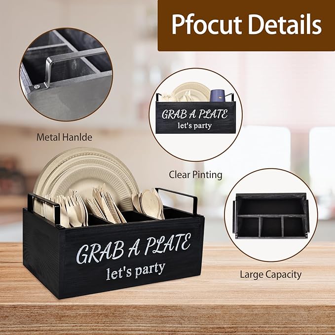 Paper Plate Holder, Utensil Caddy Organizer, Wood Paper Plate Dispenser, Silverware Caddy Holder, and Disposable Coffee Bar Accessories Box for Kitchen Counter, Party, Camping, Picnic (4 compartment)