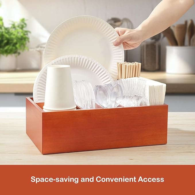 Utensil Holder for Party - Wooden Paper Plate and Utensil Caddy for Countertop - Silverware Caddy for Cup Fork Spoon Napkin - Cutlery Organizer for Kitchen Camping Buffet Picnic