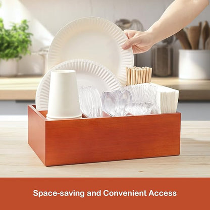 Utensil Holder for Party - Wooden Paper Plate and Utensil Caddy for Countertop - Silverware Caddy for Cup Fork Spoon Napkin - Cutlery Organizer for Kitchen Camping Buffet Picnic