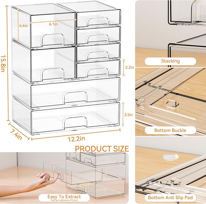 Yieach 8 Pack Clear Stackable Storage Drawers,Acrylic Drawer Organizer for Medicine,Palettes,Hair Accessories and Makeup Organizer,Plastic Drawers for Cabinet,Office,Desk,Bathroom Storage Containers