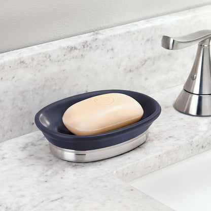 iDesign Ceramic and Steel Bar Holder, The York Collection Soap Dish, Matte Navy/Brushed Nickel