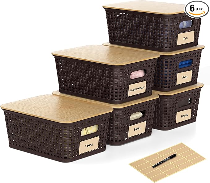 Plastic Storage Baskets with Bamboo Lids and Labels, Stackable Storage Containers, Storage Bins for Organizing Shelves Drawers Desktop Closets Office, 6 Packs-Brown