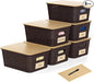 Plastic Storage Baskets with Bamboo Lids and Labels, Stackable Storage Containers, Storage Bins for Organizing Shelves Drawers Desktop Closets Office, 6 Packs-Brown
