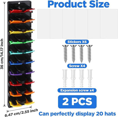 Hat Organizer for Baseball Caps 2 Packs with Built Spring Clips - Wall Mount Closet Hat Rack Holder, Holds 20 Caps, Quick Insert for Door/Closet Display Hats Racks Hanger (Strong Adhesive & Screws)