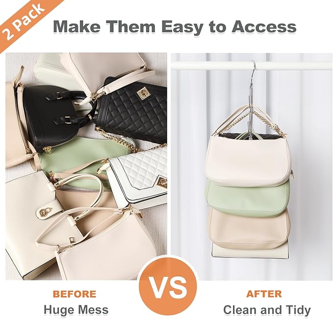 TOPIA HANGER Purse Hanger Organizer for Closet, 2-Pack Handbag Organizer Hanger, 360°Swivel Metal Purse Hooks, Bag Rack, Belt Organizer, Tie Rack, Scarf Hanger, Bag Storage Organizer, Silver