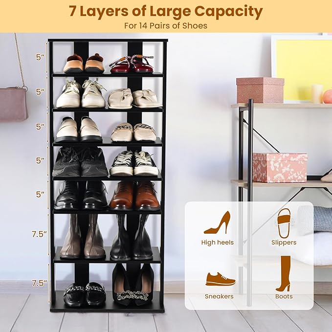GOFLAME 7-Tier Tall Shoe Rack, Patented Freestanding Shoe Shelf Storage Organizer for 14 Pairs of Shoes, Space-Saving Vertical Shoe Stand for Entryway, Closet, Living Room, Black