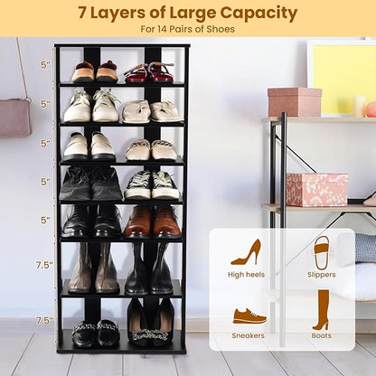 GOFLAME 7-Tier Tall Shoe Rack, Patented Freestanding Shoe Shelf Storage Organizer for 14 Pairs of Shoes, Space-Saving Vertical Shoe Stand for Entryway, Closet, Living Room, Black