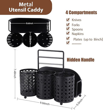 NelyBet Utensil Caddy Silverware Holder Fork Spoon Napkin Paper Plate Organizer Metal Utensil Holder Cutlery Flatware Organizers for Party Kitchen Countertop Camping Picnic - Black Mesh