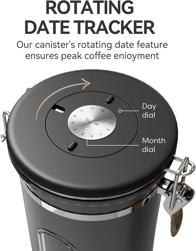 Veken Coffee Canister with Window,Airtight Stainless Steel Kitchen Food Storage Container, Date Tracker & Scoop for Grounds Coffee, Beans, Tea, Flour, Cereal,Sugar,22OZ,Grey (Pack of 2)
