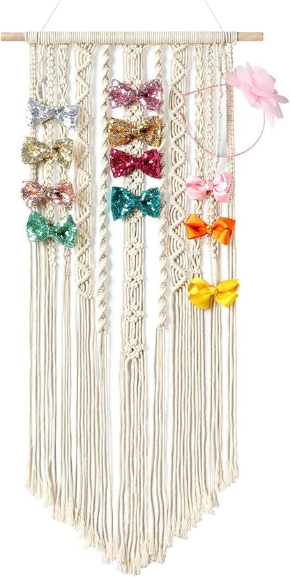 Mkono Macrame Bow Holder Hanging Hair Bow Organizer for Girls Hair Bows,Boho Wall Hair Clips Headband Storage Hanger for Baby Toddler Girls Room, Ivory (Clips and Other Props Not Included)