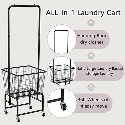 Rolling Laundry Cart with Wheels, Extra Large Laundry Hamper Basket Organizer with Clothes Hanging Rack, Wire Storage Cloth Shelf Butler, Black