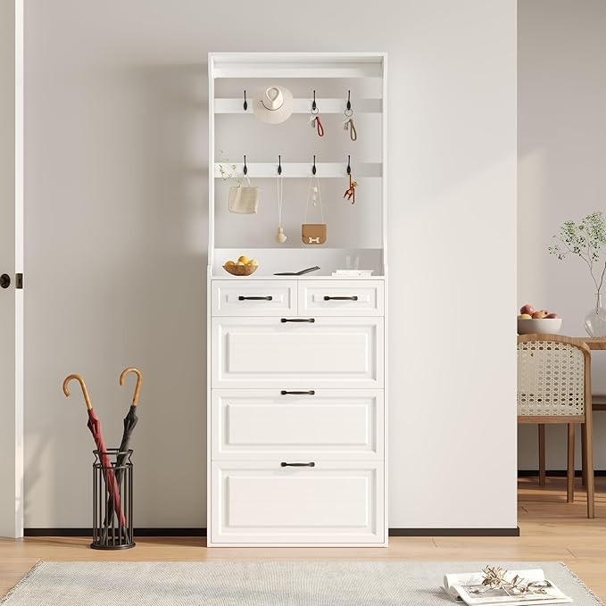 Vibe & Dine Shoe Cabinet, Entryway Shoe Storage Cabinet with 3 Flip Doors and 2 Drawers, 2-in-1 Wooden Shoe Rack Organizer with Coat Hooks for Hallway Cloakroom, White