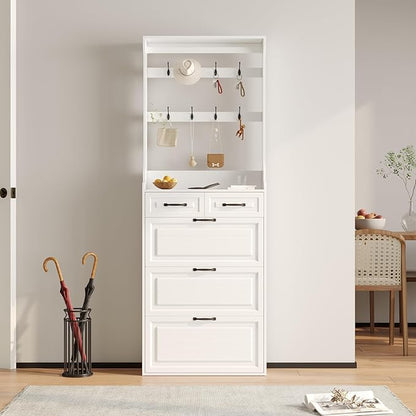 Vibe & Dine Shoe Cabinet, Entryway Shoe Storage Cabinet with 3 Flip Doors and 2 Drawers, 2-in-1 Wooden Shoe Rack Organizer with Coat Hooks for Hallway Cloakroom, White