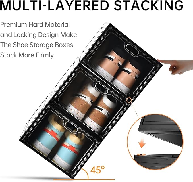 INSTY 12 Pack Large Shoe Storage Box, Clear Shoe Storage Organizer with Magnetic Door, Stackable,Shoe Containers For Display Sneakers, Easy Assembly, Fit up to US Size 12, Black