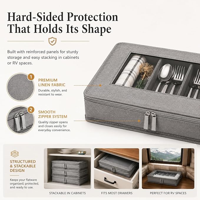 Joyfol Day Flatware Utensil Storage Case, Grey Silverware Storage Box Chest with Adjustable Dividers, Removable Cutlery Storage Holder with Zipper Lid for Organizing Spoon/Flatware/Knives