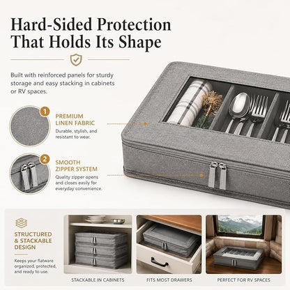 Joyfol Day Flatware Utensil Storage Case, Grey Silverware Storage Box Chest with Adjustable Dividers, Removable Cutlery Storage Holder with Zipper Lid for Organizing Spoon/Flatware/Knives