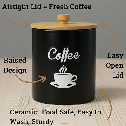 Ceramic Coffee Canister - 12 oz Black Airtight Canister - 5 x 6 inch Coffee Bean Storage Container - Stylish Countertop Container for Grounds, Beans, Pods & More with Rubber-Lined Bamboo Lid